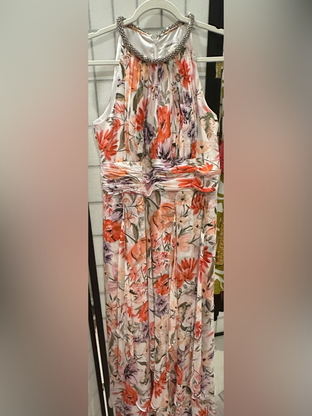 Calvin Klein Beaded-Neck Floral Maxi Dress in White, Coral, Blush
